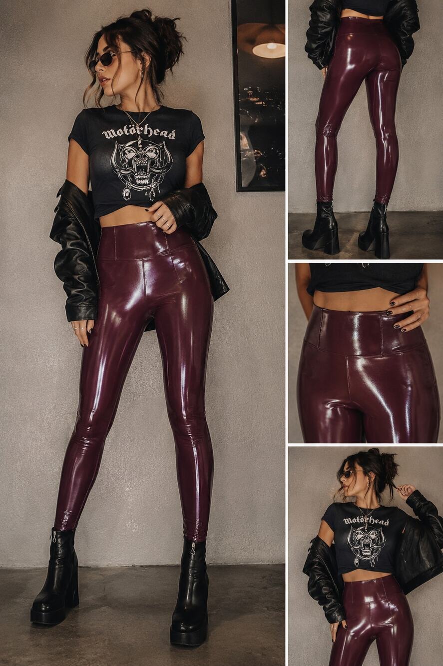 SPANX Faux Patent Leather Leggings NWT Burgundy Shine High Rise Skinny Pants